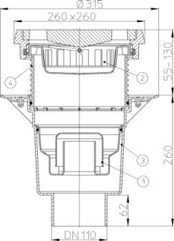 Preview: Perfektablauf DN160 senkrecht mit Dichtflansch und Wassergeruchsverschluss, 240x240mm / Gussrost 226x226mm  HL616.1W/5